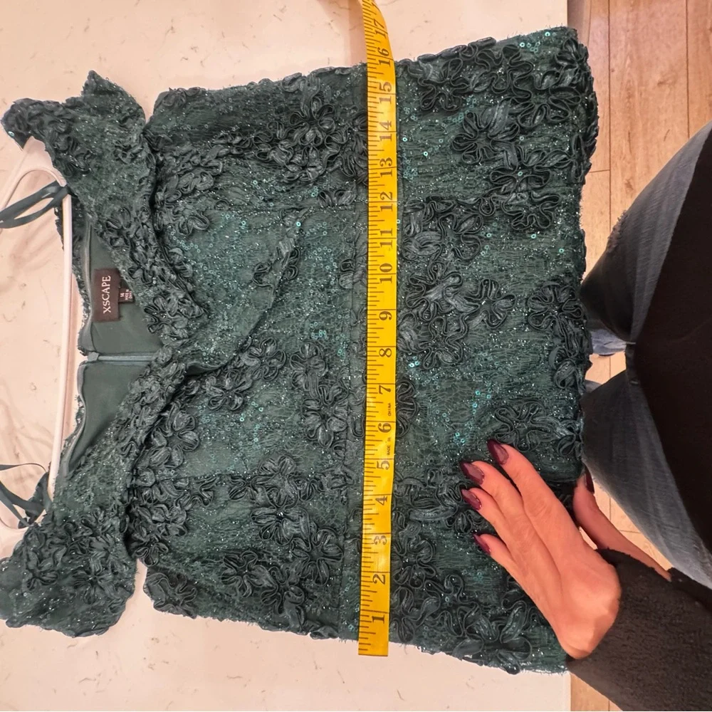 Xscape Dark Green Off-Shoulder Sequin Lace Maxi Dress - Picture 9 of 10